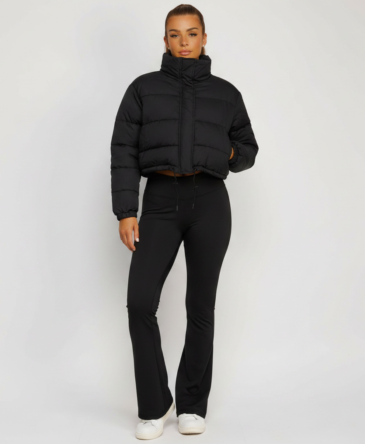Black Cropped Puffer Jacket with Drawstring Hem and High Neck