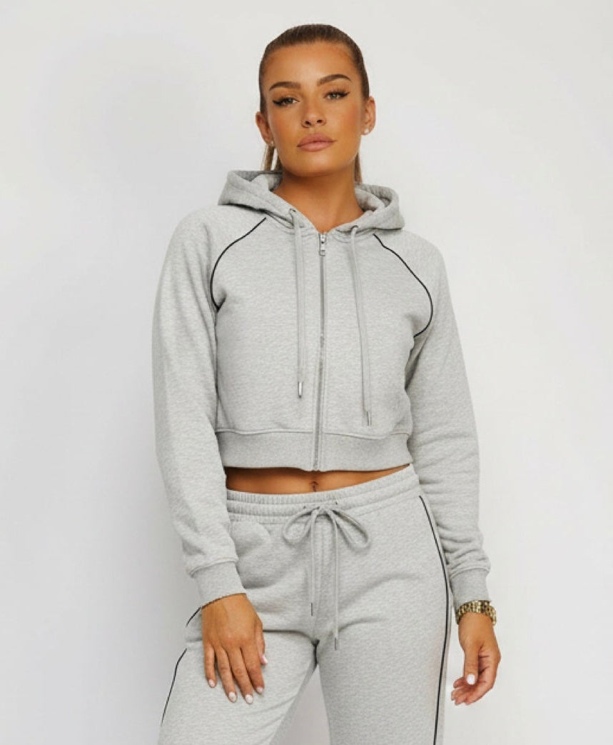 Bleach Grey Piping Detail Zip-Up Crop Hoodie & Wide Leg Jogger Co-Ord Tracksuit Set