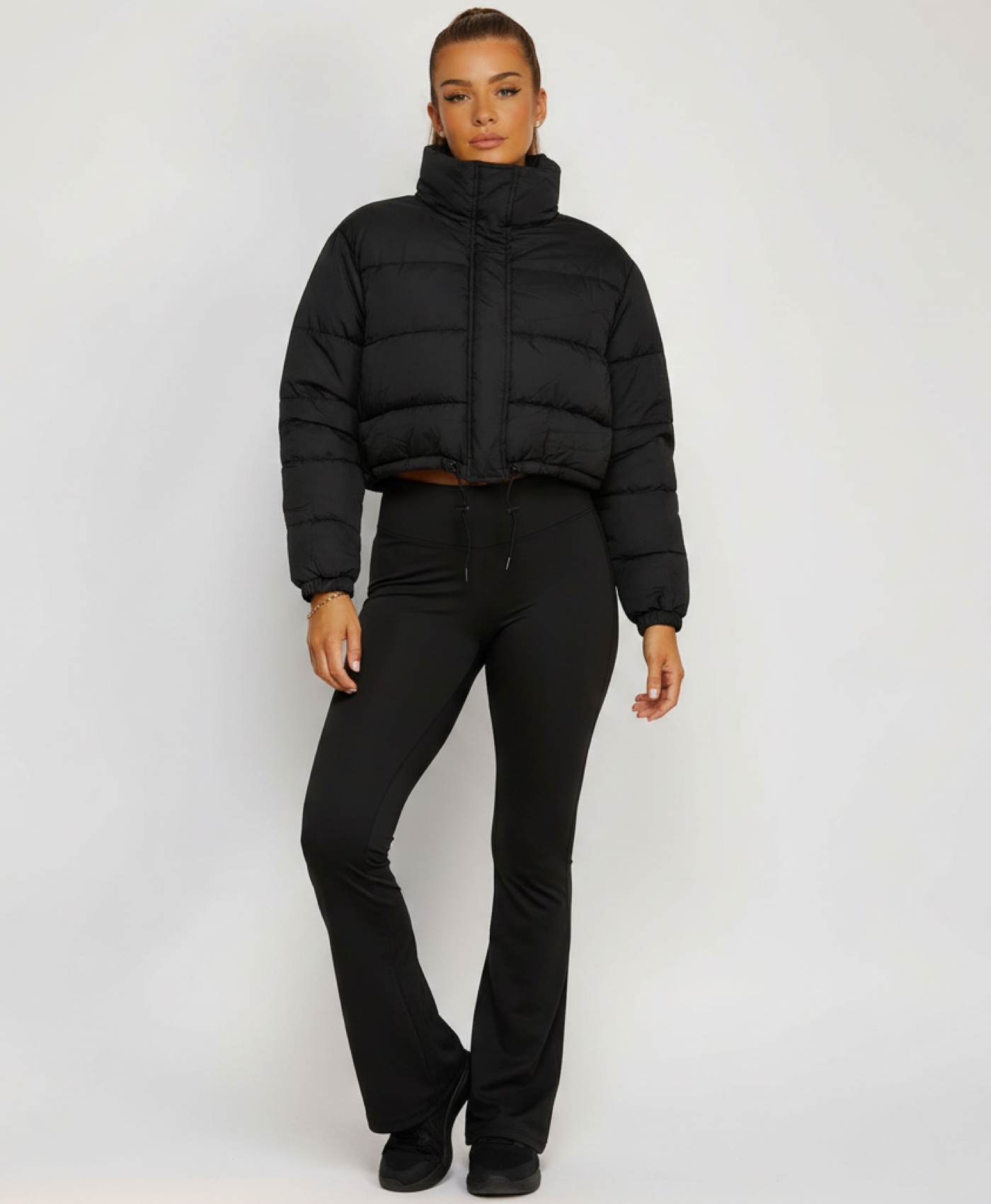 Black Cropped Puffer Jacket with Drawstring Hem and High Neck