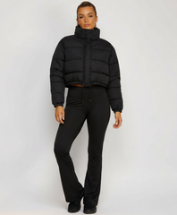 Black Cropped Puffer Jacket with Drawstring Hem and High Neck