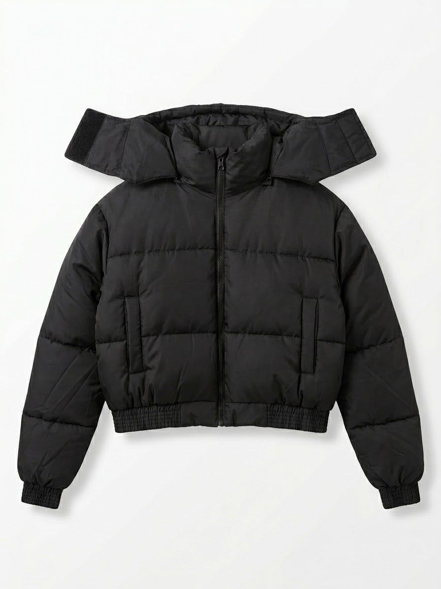 Black Cropped Hooded Puffer Jacket with Oversized Hood & Utility Pocket Detail