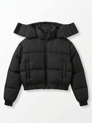 Black Cropped Hooded Puffer Jacket with Oversized Hood & Utility Pocket Detail