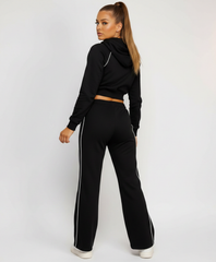 Black Piping Detail Zip-Up Crop Hoodie & Wide Leg Jogger Co-Ord Tracksuit Set