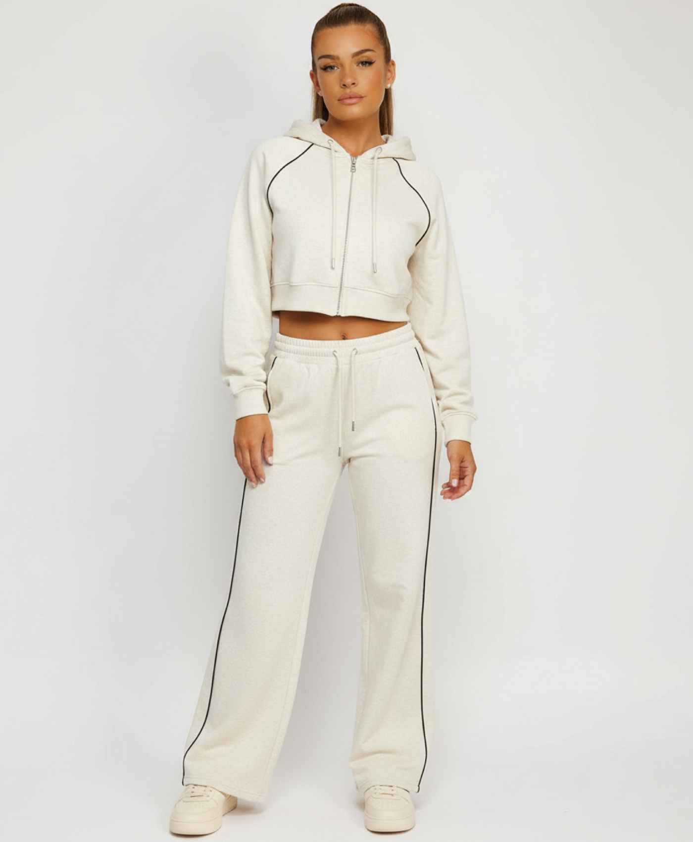 Oatmeal Piping Detail Zip-Up Crop Hoodie & Wide Leg Jogger Co-Ord Tracksuit Set