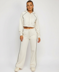 Oatmeal Piping Detail Zip-Up Crop Hoodie & Wide Leg Jogger Co-Ord Tracksuit Set