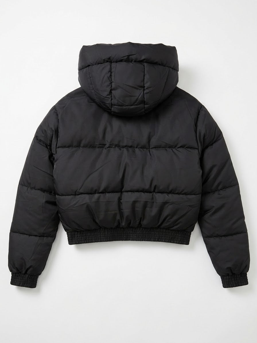 Black Cropped Hooded Puffer Jacket with Oversized Hood & Utility Pocket Detail