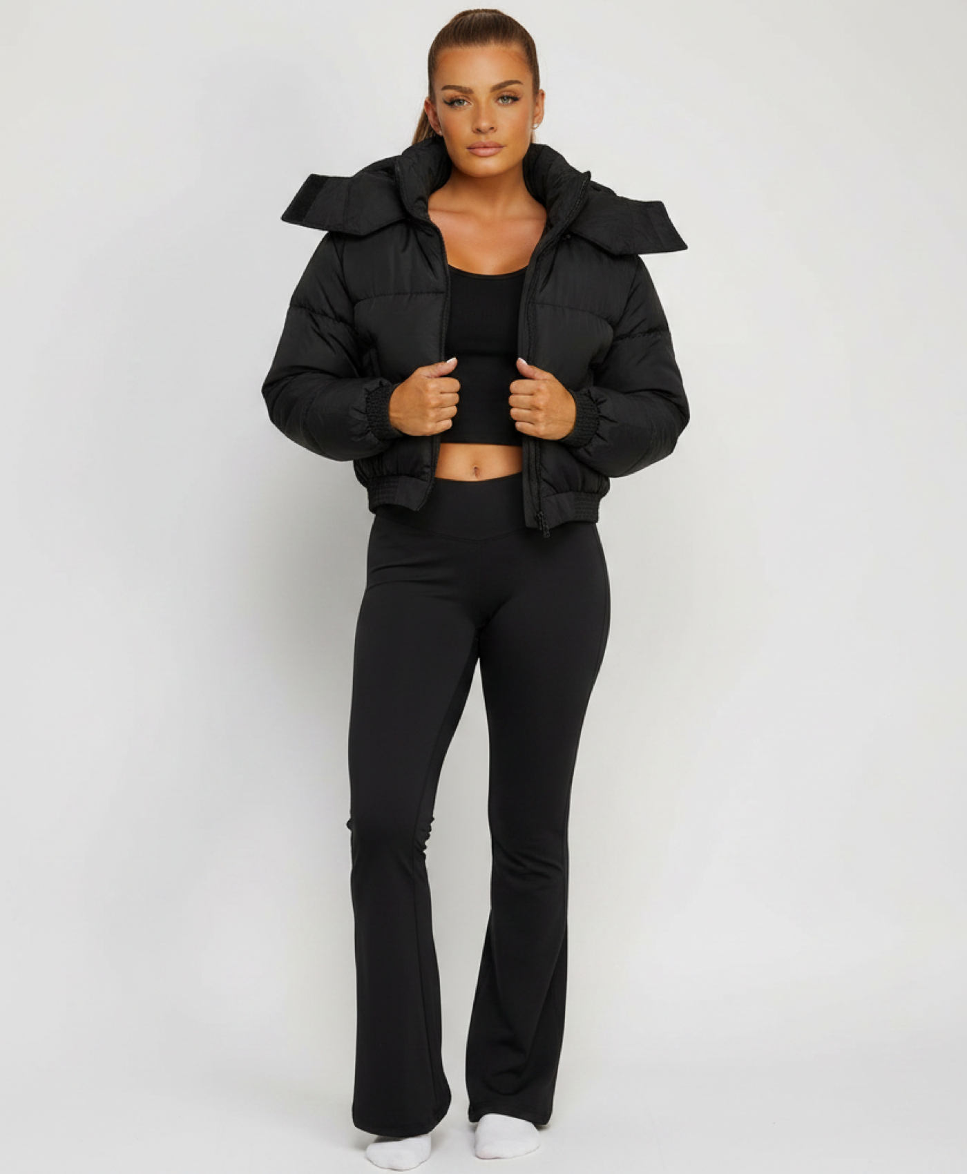 Black Cropped Hooded Puffer Jacket with Oversized Hood & Utility Pocket Detail