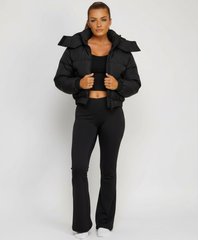Black Cropped Hooded Puffer Jacket with Oversized Hood & Utility Pocket Detail