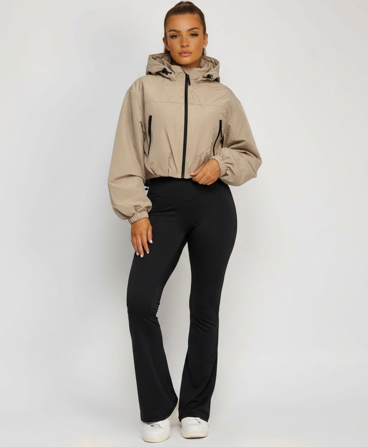 Beige Cropped Hooded Windbreaker Jacket with Zip Fastening and Drawstring Hem