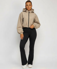Beige Cropped Hooded Windbreaker Jacket with Zip Fastening and Drawstring Hem