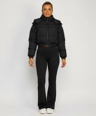 Black Cropped Hooded Puffer Jacket with Oversized Hood & Utility Pocket Detail