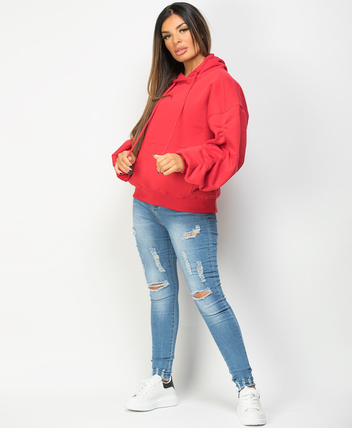 Ruched Sleeve Oversized Fit Hoodie