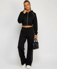 Black Piping Detail Zip-Up Crop Hoodie & Wide Leg Jogger Co-Ord Tracksuit Set