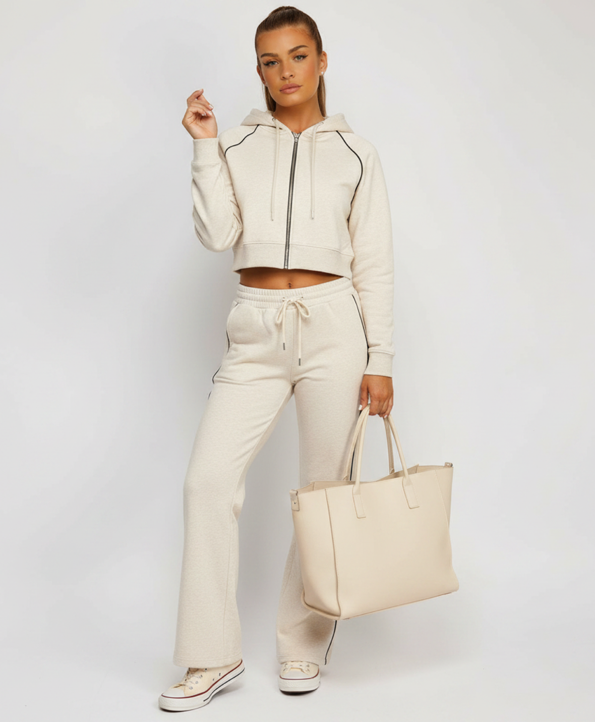 Oatmeal Piping Detail Zip-Up Crop Hoodie & Wide Leg Jogger Co-Ord Tracksuit Set