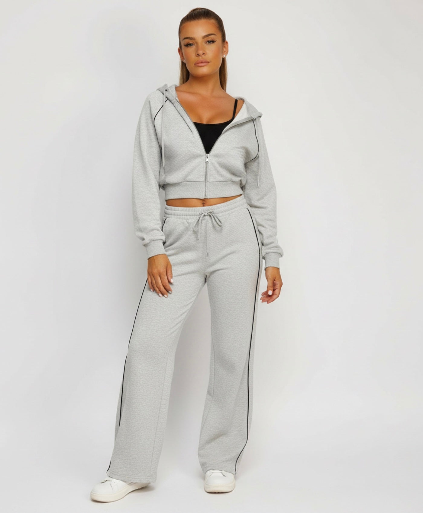 Bleach Grey Piping Detail Zip-Up Crop Hoodie & Wide Leg Jogger Co-Ord Tracksuit Set