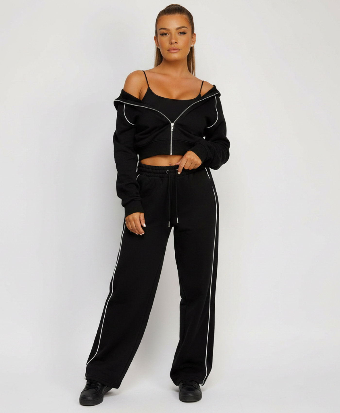 Black Piping Detail Zip-Up Crop Hoodie & Wide Leg Jogger Co-Ord Tracksuit Set