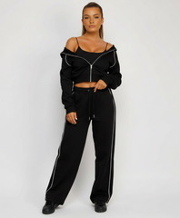 Black Piping Detail Zip-Up Crop Hoodie & Wide Leg Jogger Co-Ord Tracksuit Set