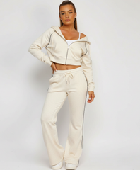 Oatmeal Piping Detail Zip-Up Crop Hoodie & Wide Leg Jogger Co-Ord Tracksuit Set