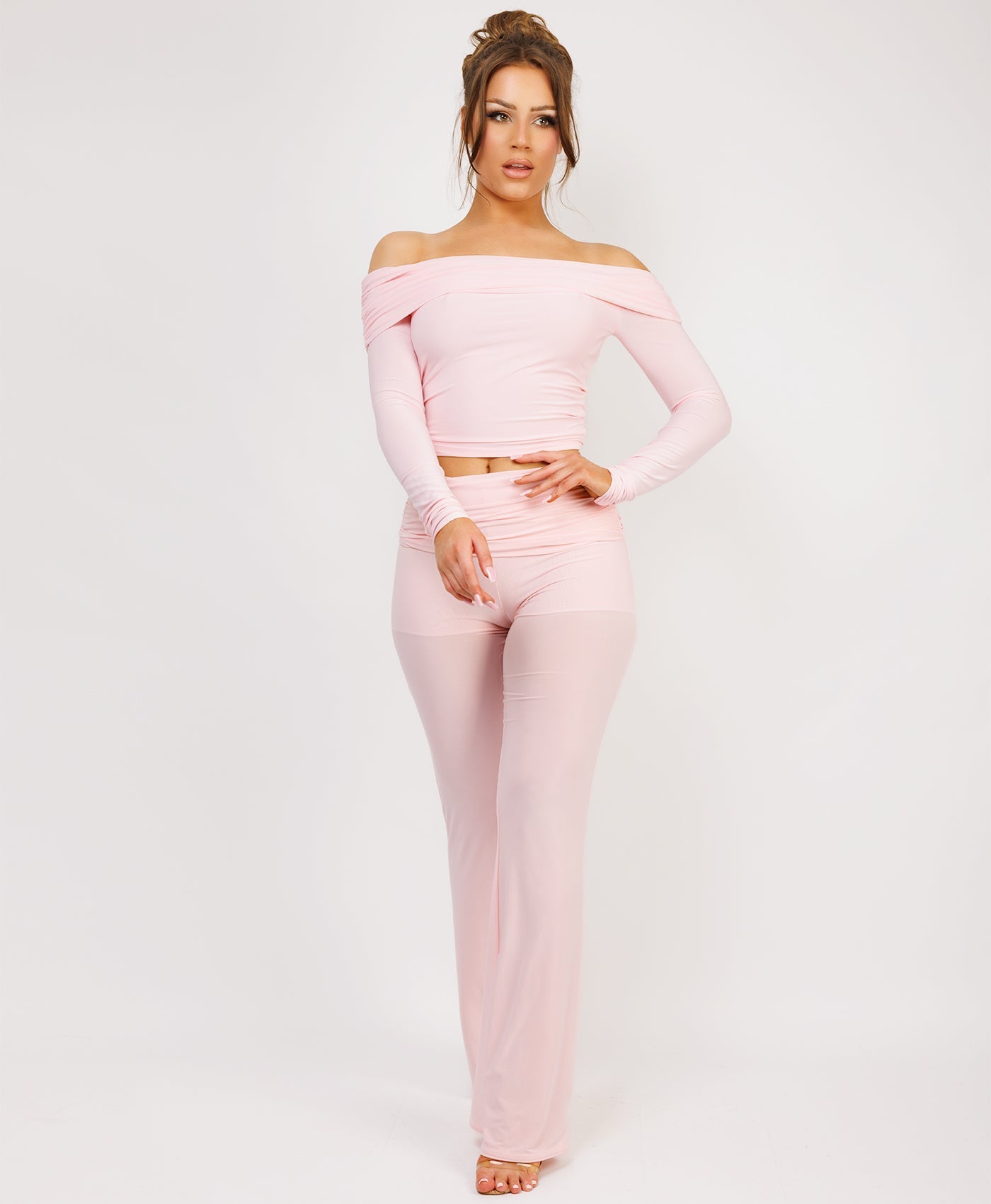 Satin-Puff-Sleeve-Ribbed-Set-Baby Pink-2