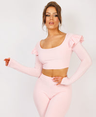 Pink Frill Shoulder Long Sleeve Slinky Top And Trousers Loungewear Set