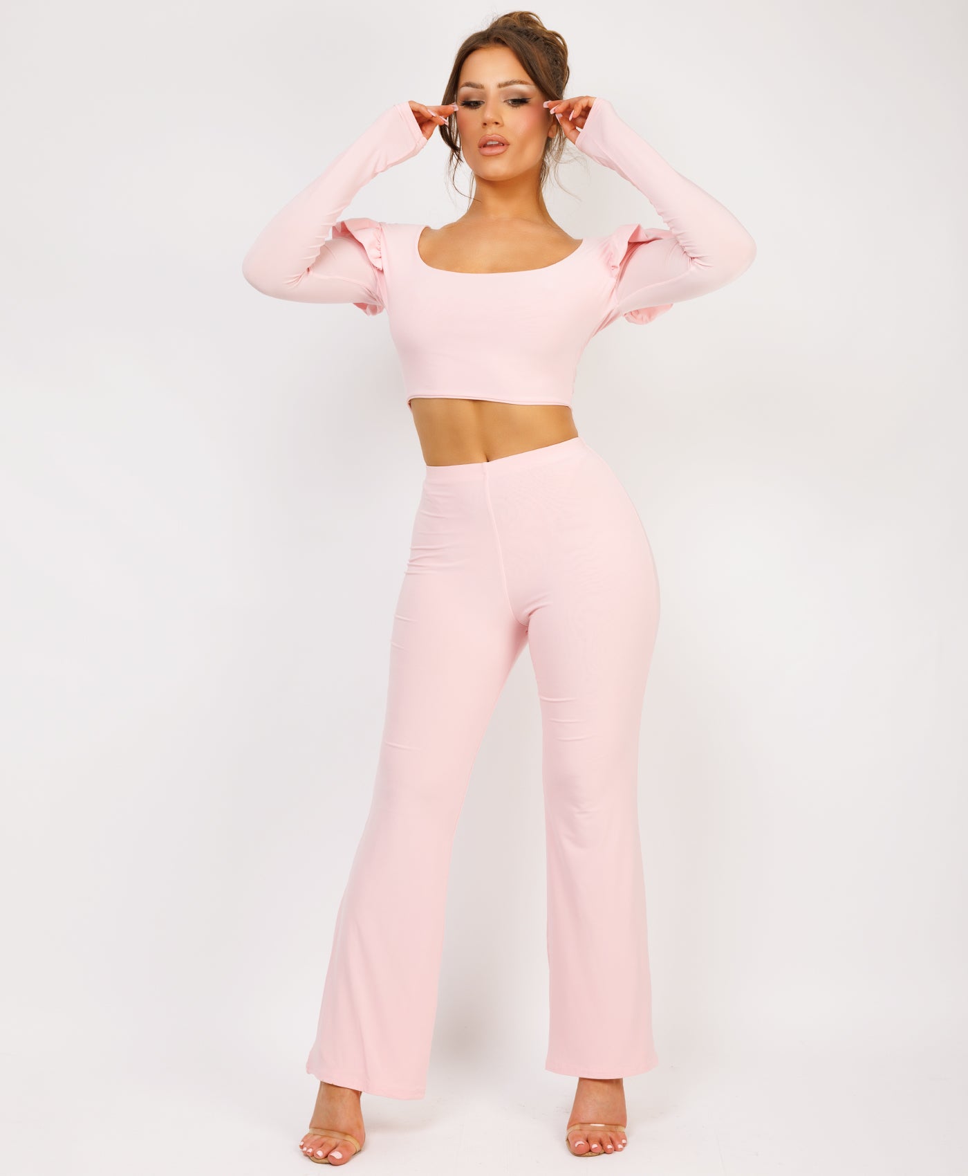 Pink Frill Shoulder Long Sleeve Slinky Top And Trousers Loungewear Set