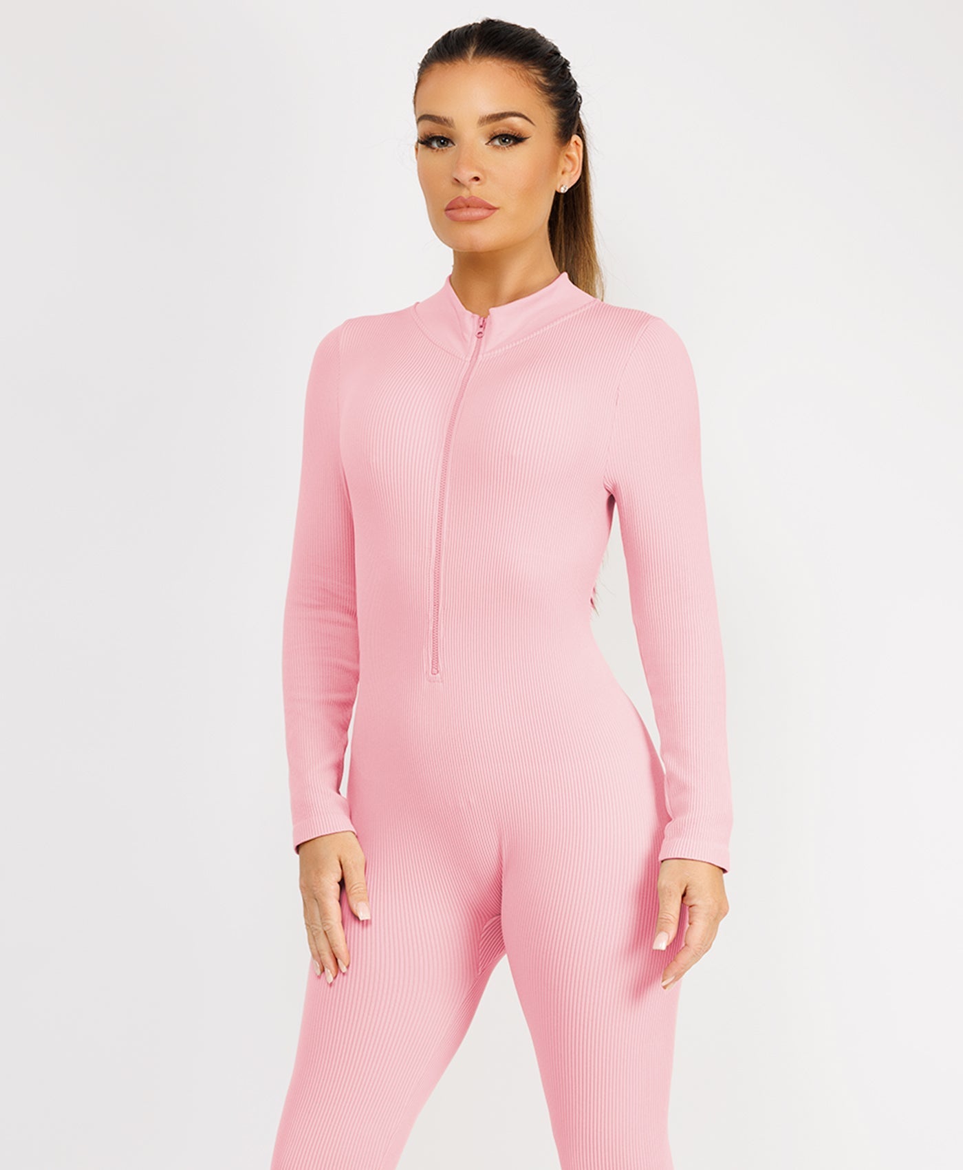 Baby Pink-Elastic-Ribbed-Long-Sleeve-Jumpsuit-7