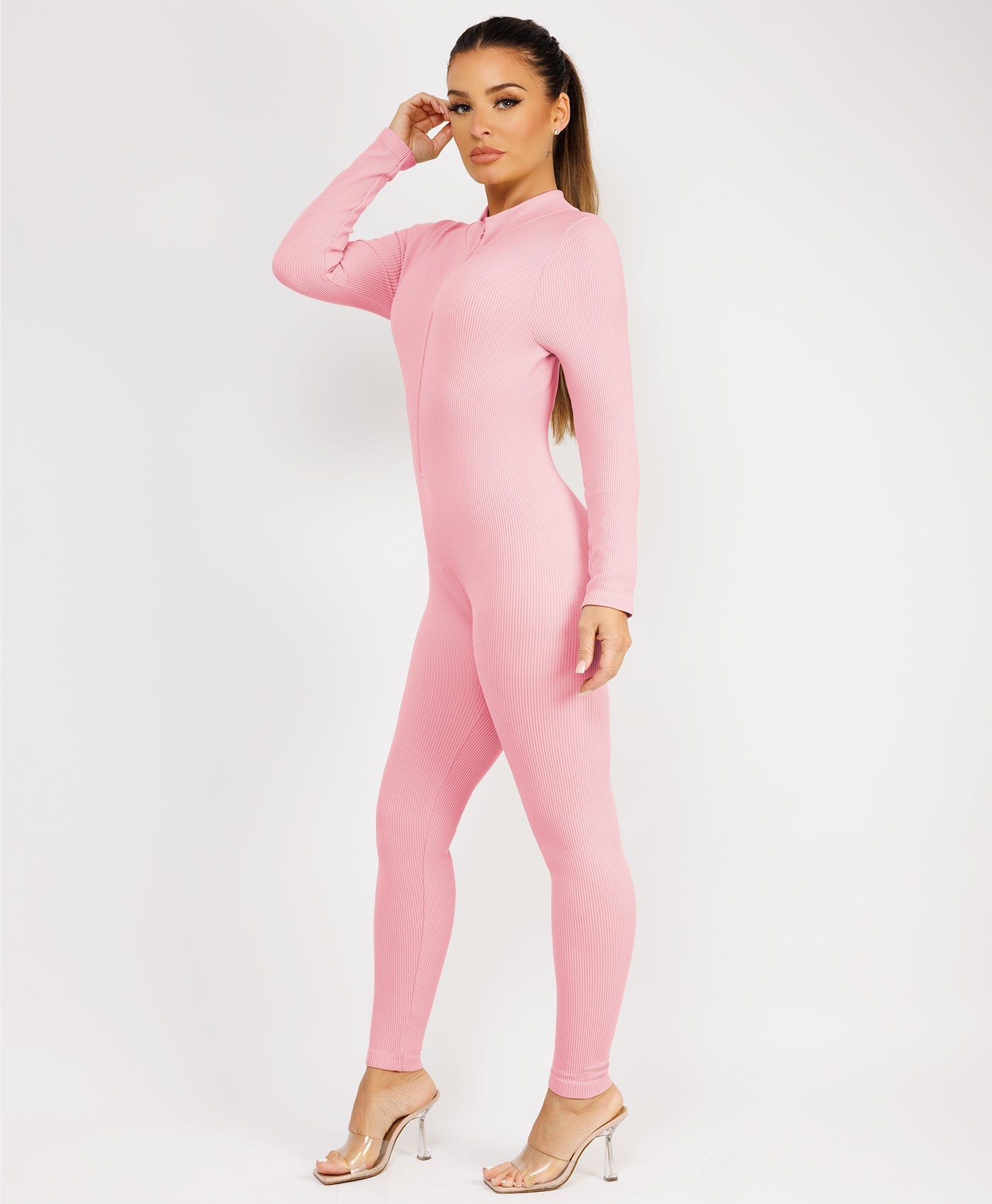 Baby Pink-Elastic-Ribbed-Long-Sleeve-Jumpsuit-8