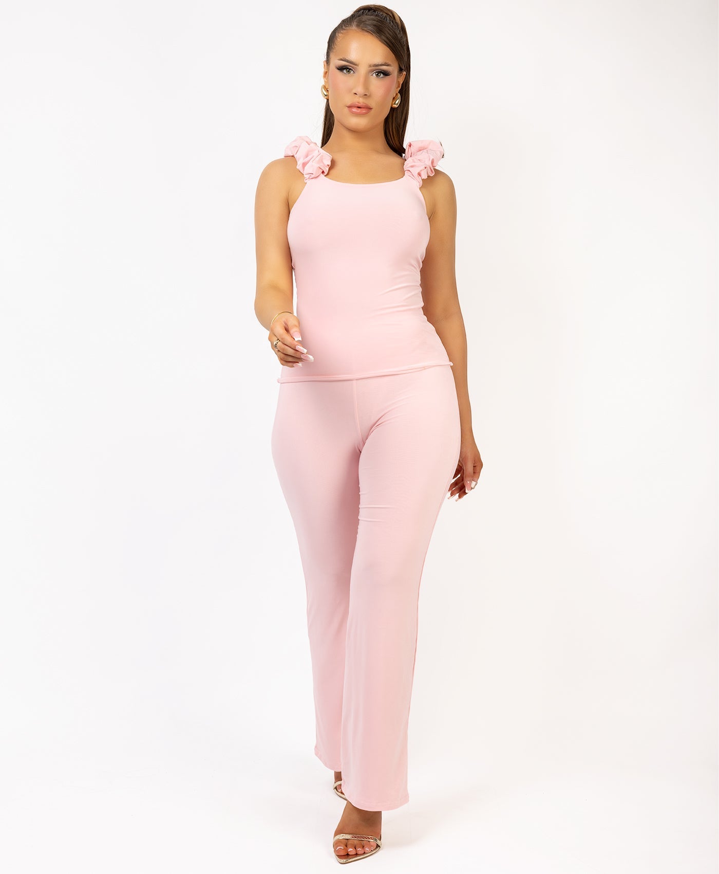 Satin-Puff-Sleeve-Ribbed-Set-Baby Pink-2