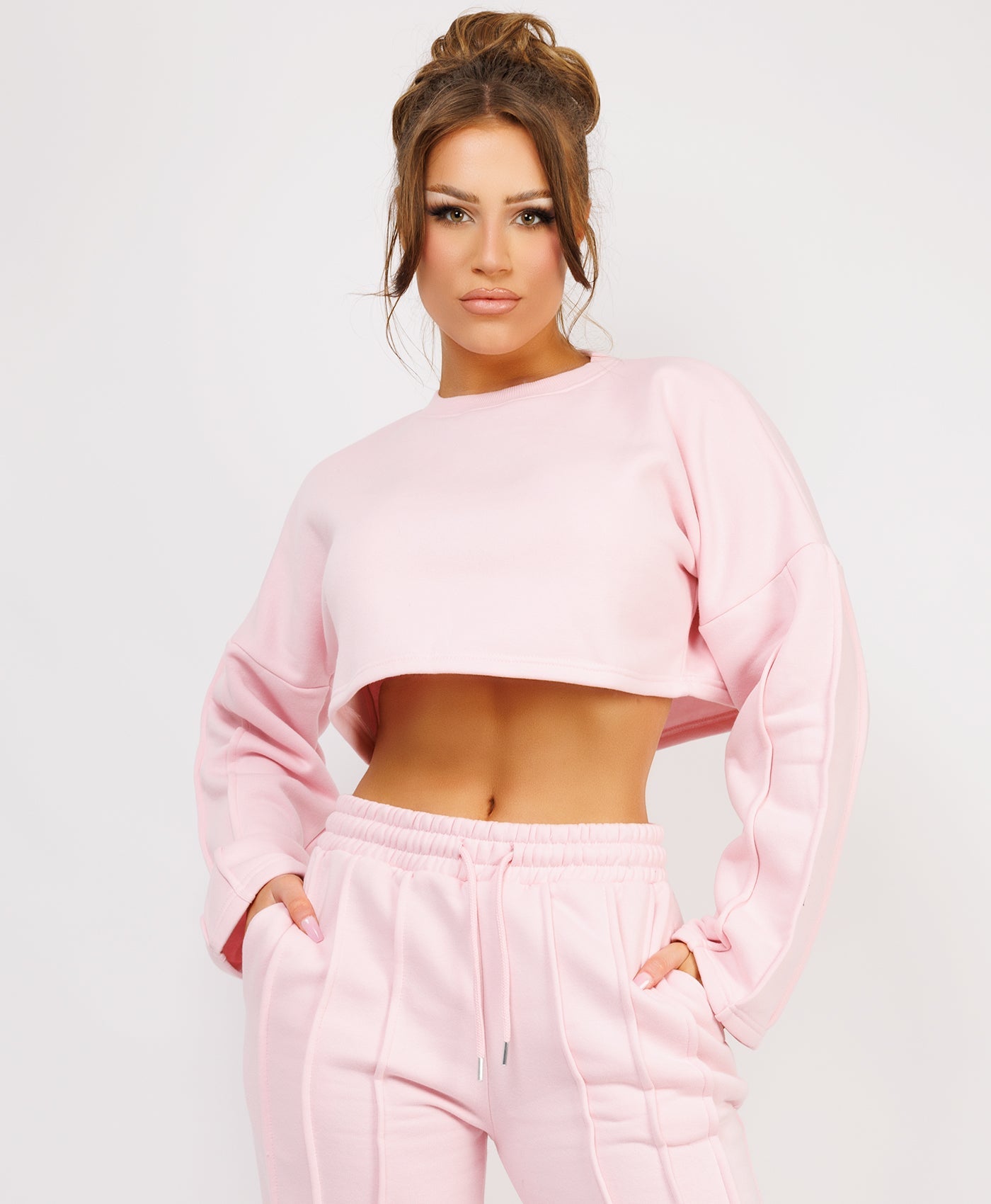 Pink Cropped Sweatshirt And Pintuck Detail Joggers Tracksuit – www