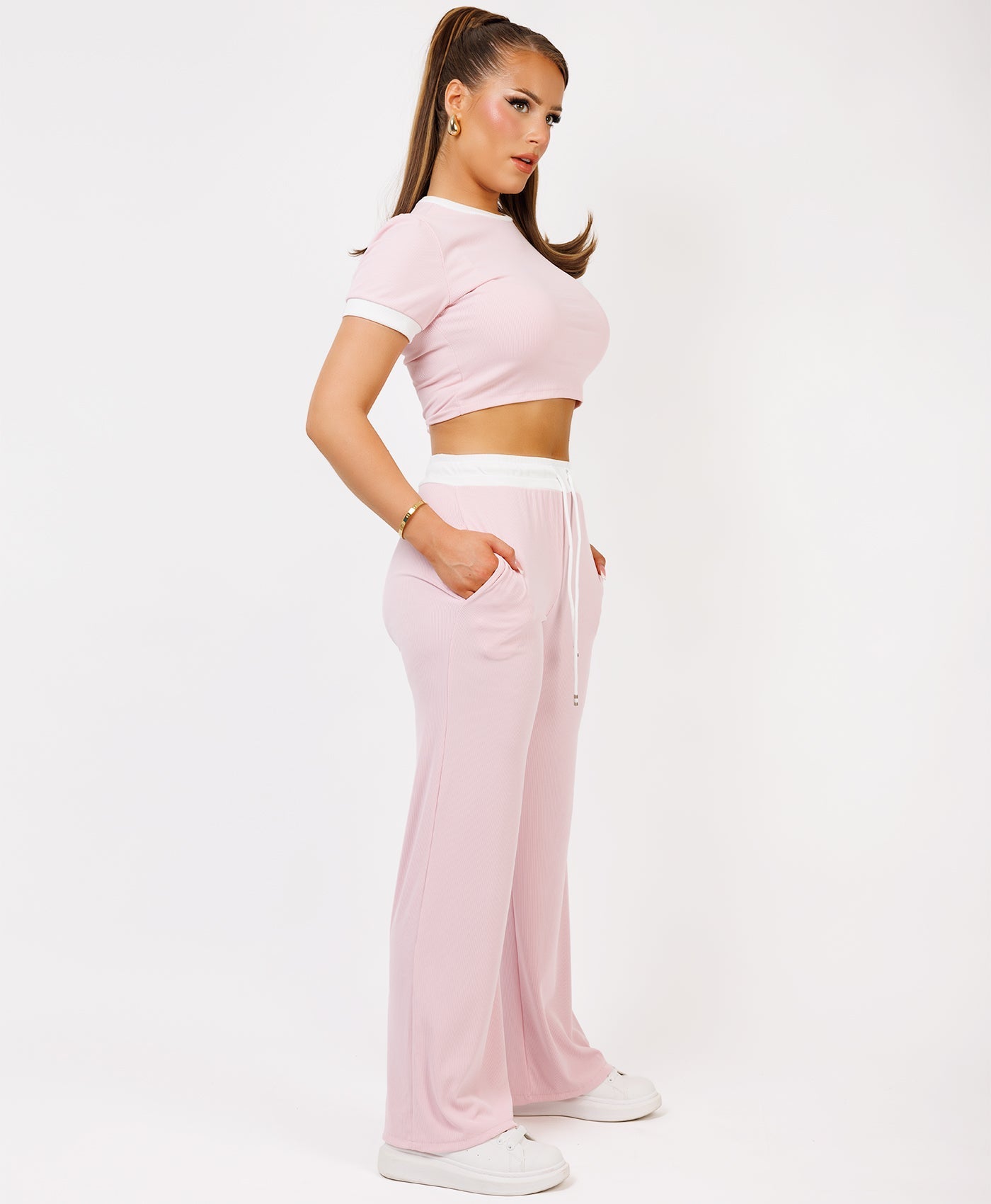 Baby Pink Wide Leg Trousers and Ribbed Top Loungewear Set www.lexifashion