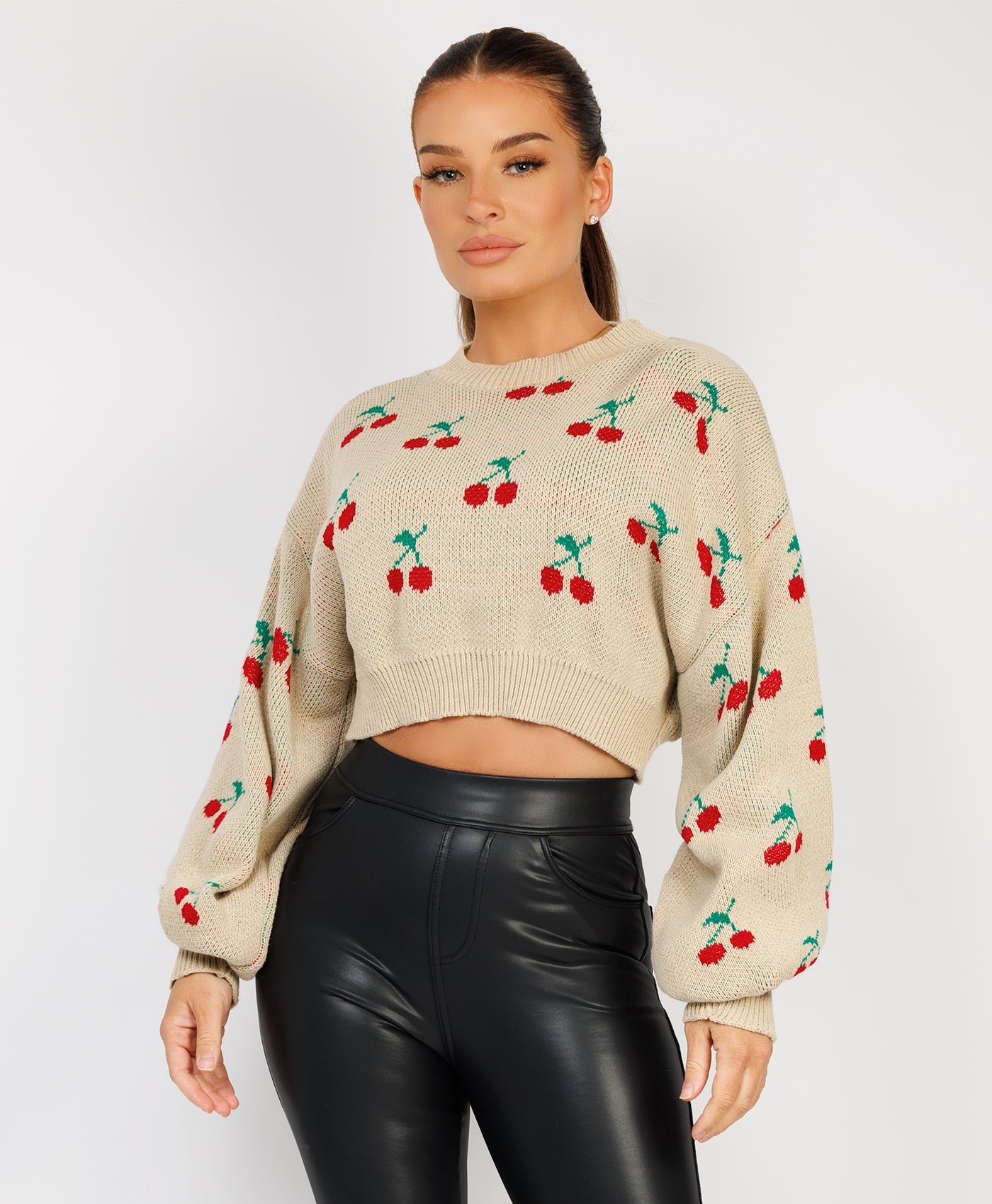Beige Cherry Detail Oversized Cropped Knitted Jumper – www