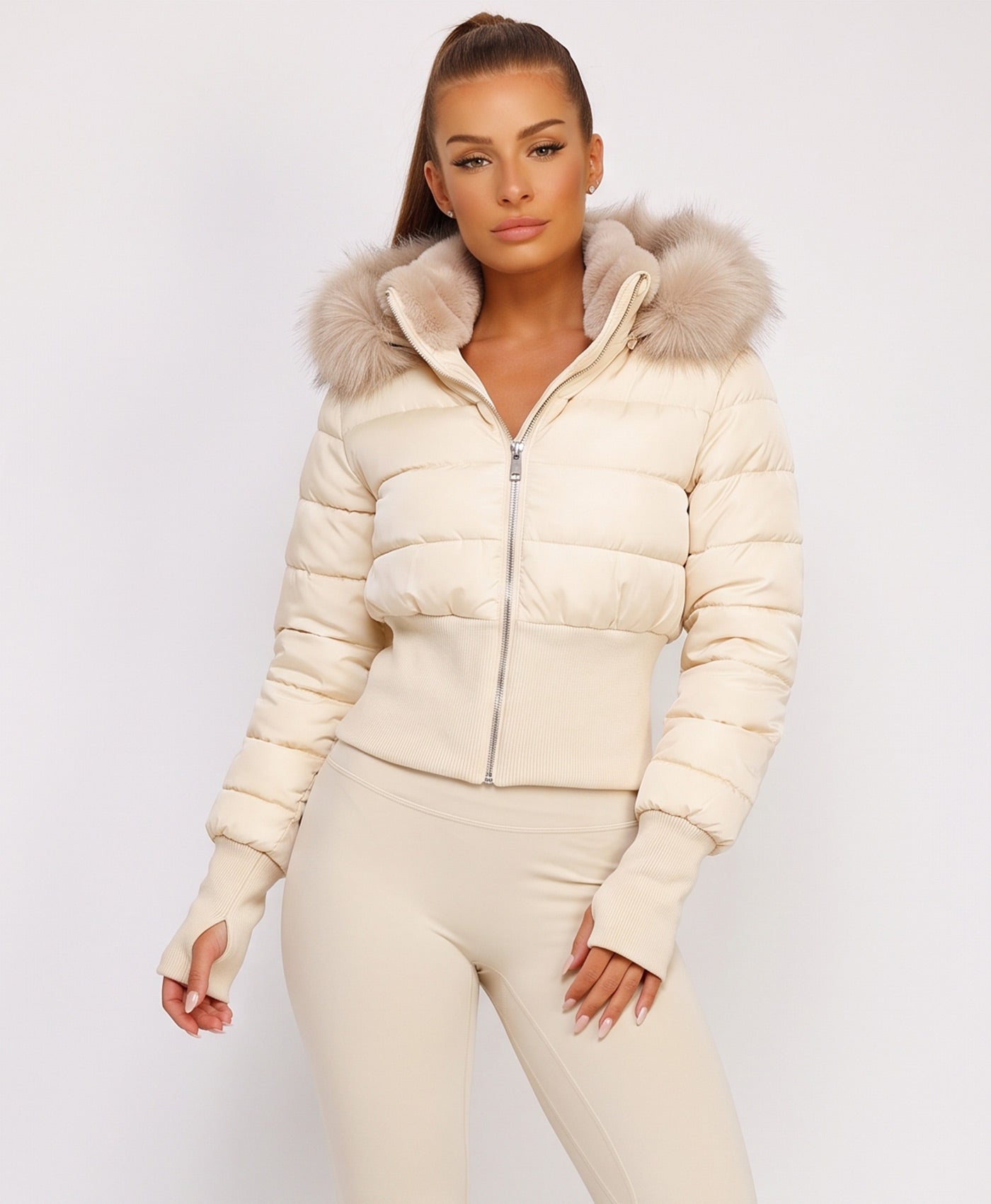 Beige Cropped Puffer Jacket With Faux Fur Hood Trim