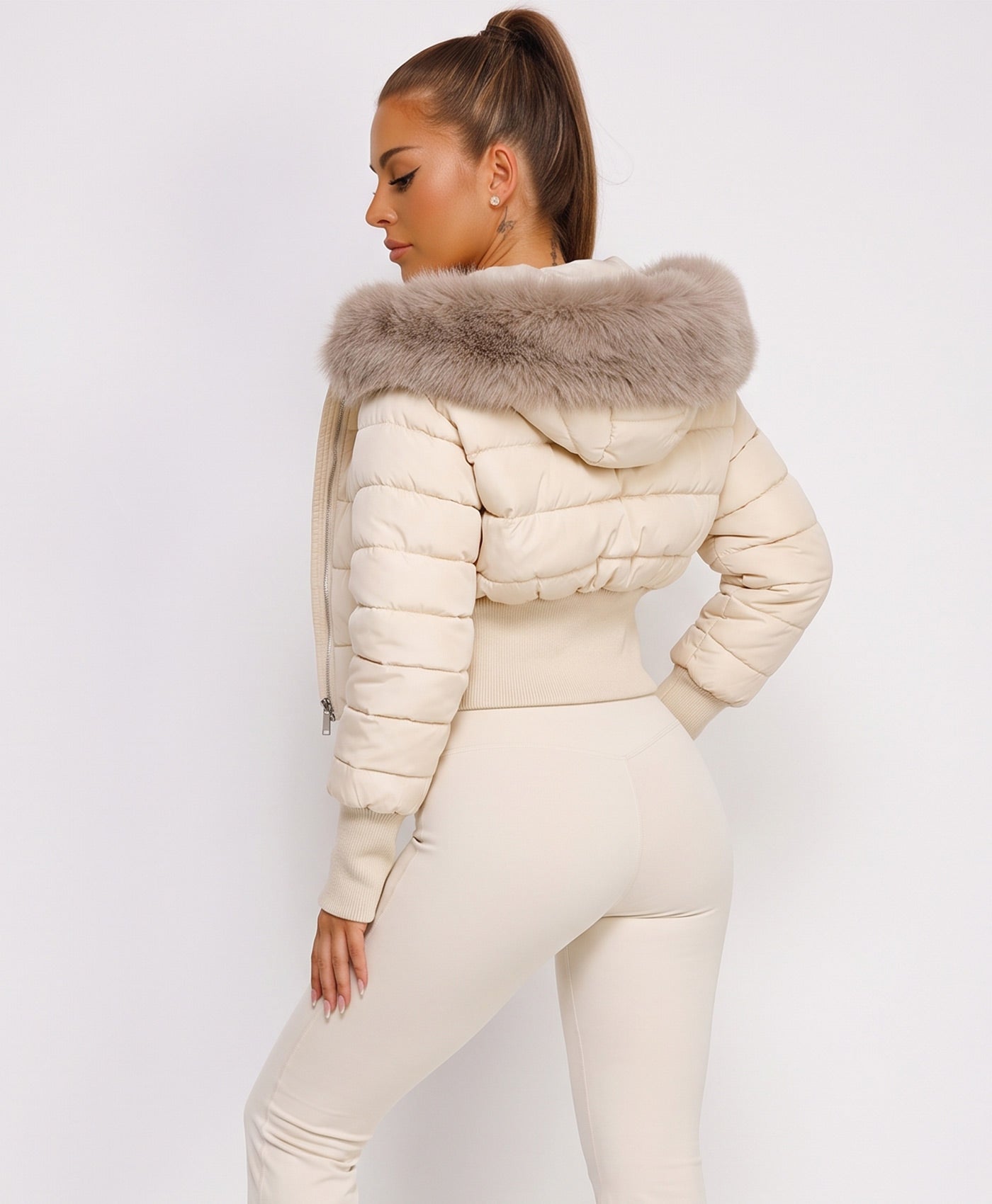 Beige Cropped Puffer Jacket With Faux Fur Hood Trim