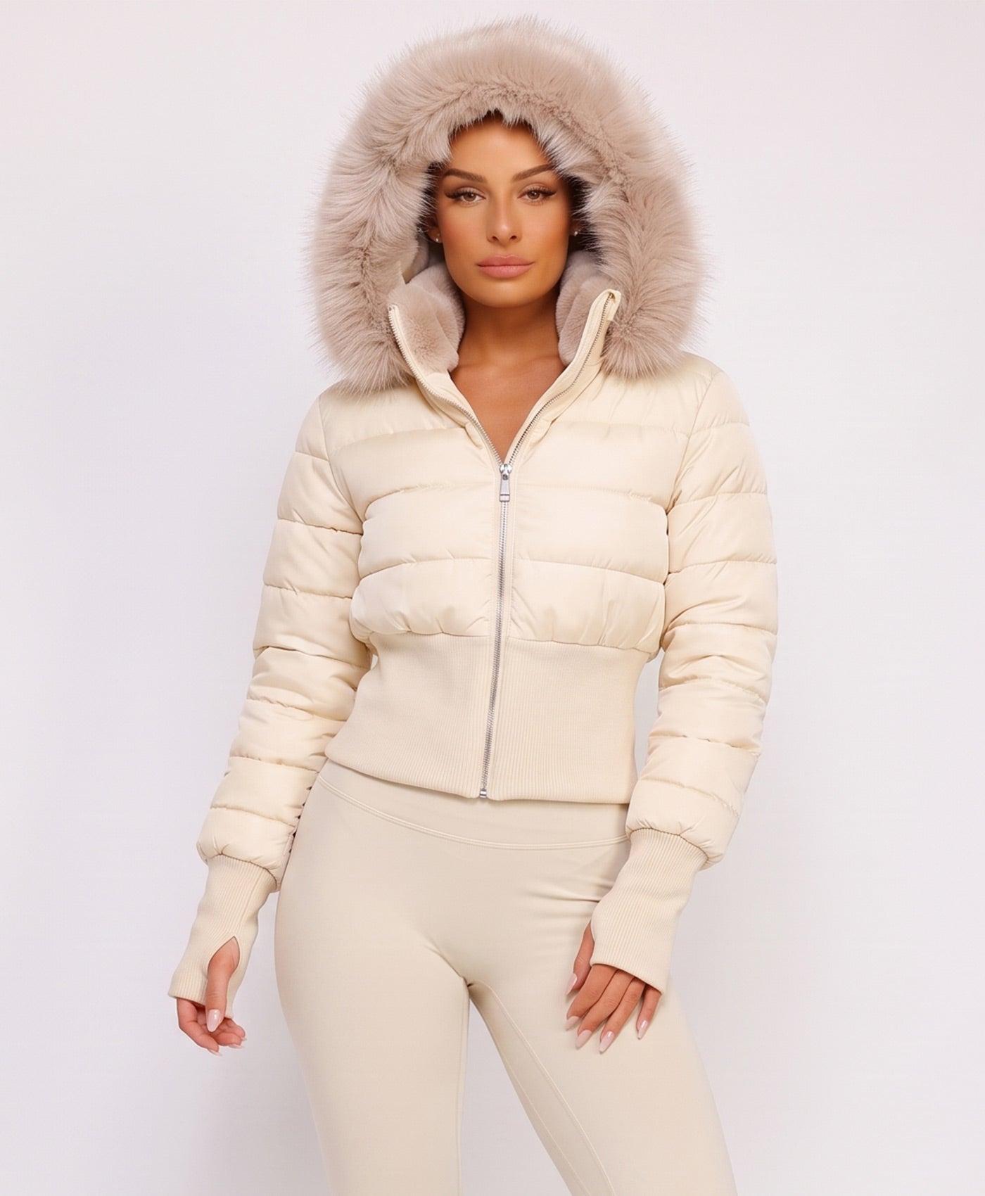 Beige Cropped Puffer Jacket With Faux Fur Hood Trim