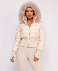 Beige Cropped Puffer Jacket With Faux Fur Hood Trim
