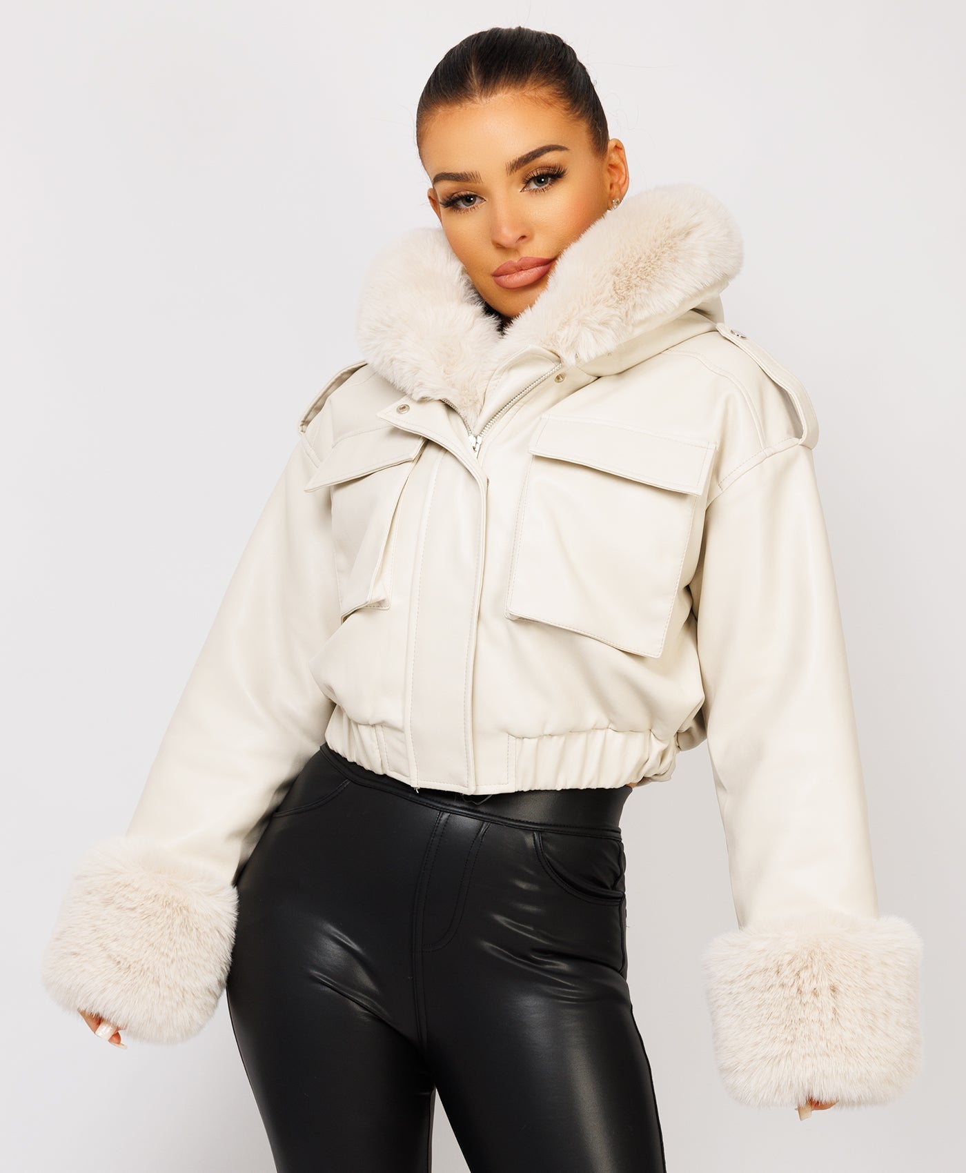 Beige-Vegan-Leather-Faux-Fur-Trim-Hooded-Bomber-Jacket-2