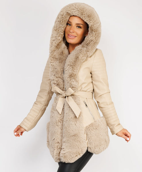 Beige Faux Fur Panel Waist Belted Faux Leather Jacket – www