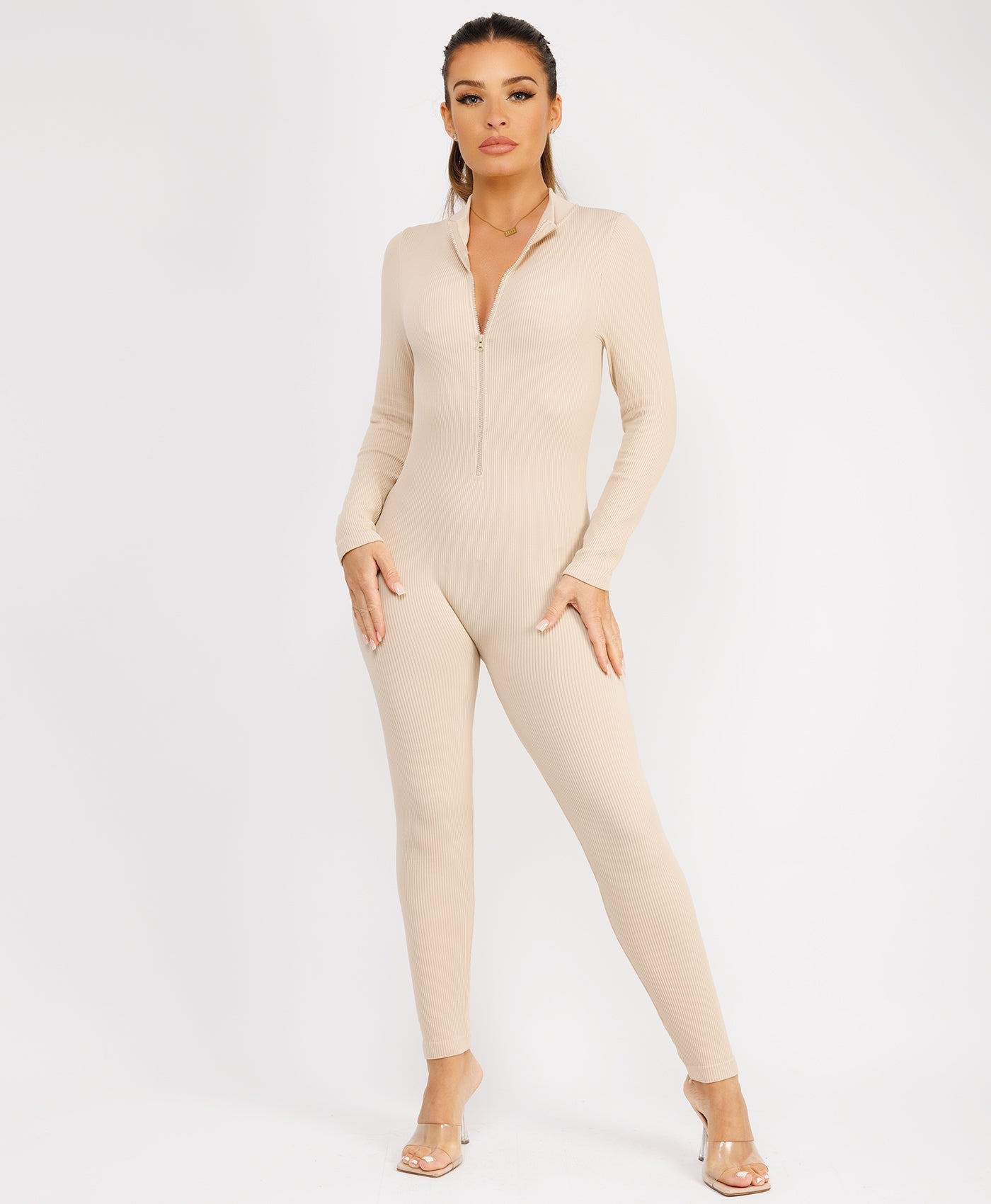 Beige-Elastic-Ribbed-Long-Sleeve-Jumpsuit-6