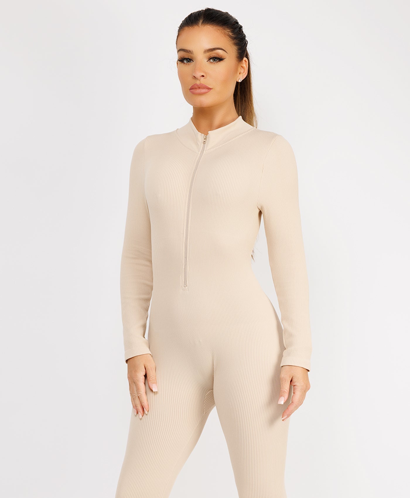 Beige-Elastic-Ribbed-Long-Sleeve-Jumpsuit-7