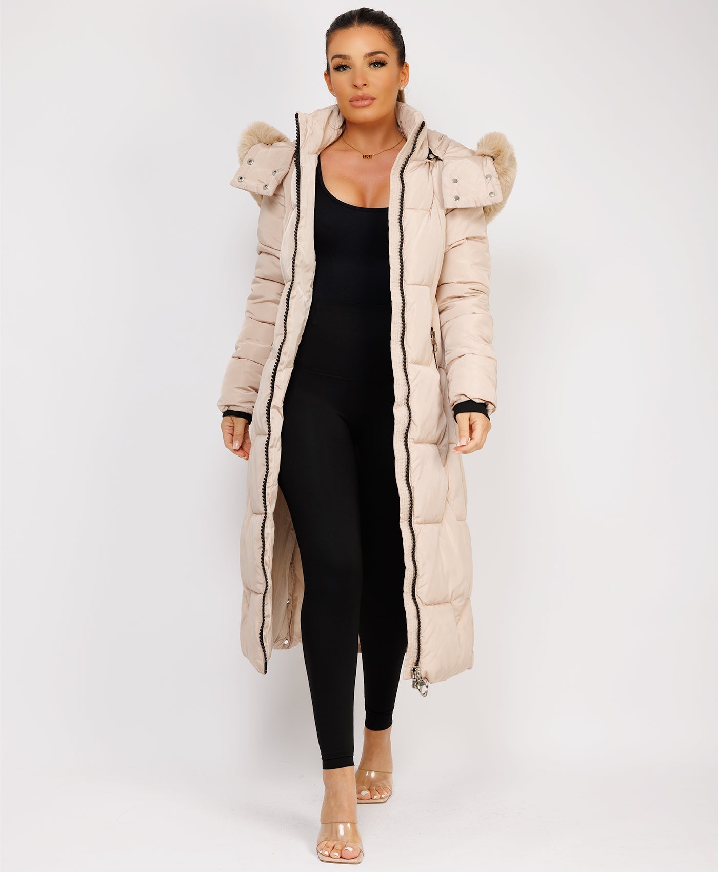 Beige Long Padded Puffer Winter Trench Coat Jacket With Faux Fur