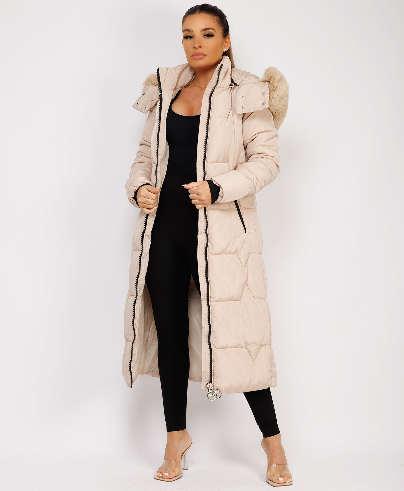 Fur Hood Cream Longline Puffer Longline Padded Gilet Long Cream