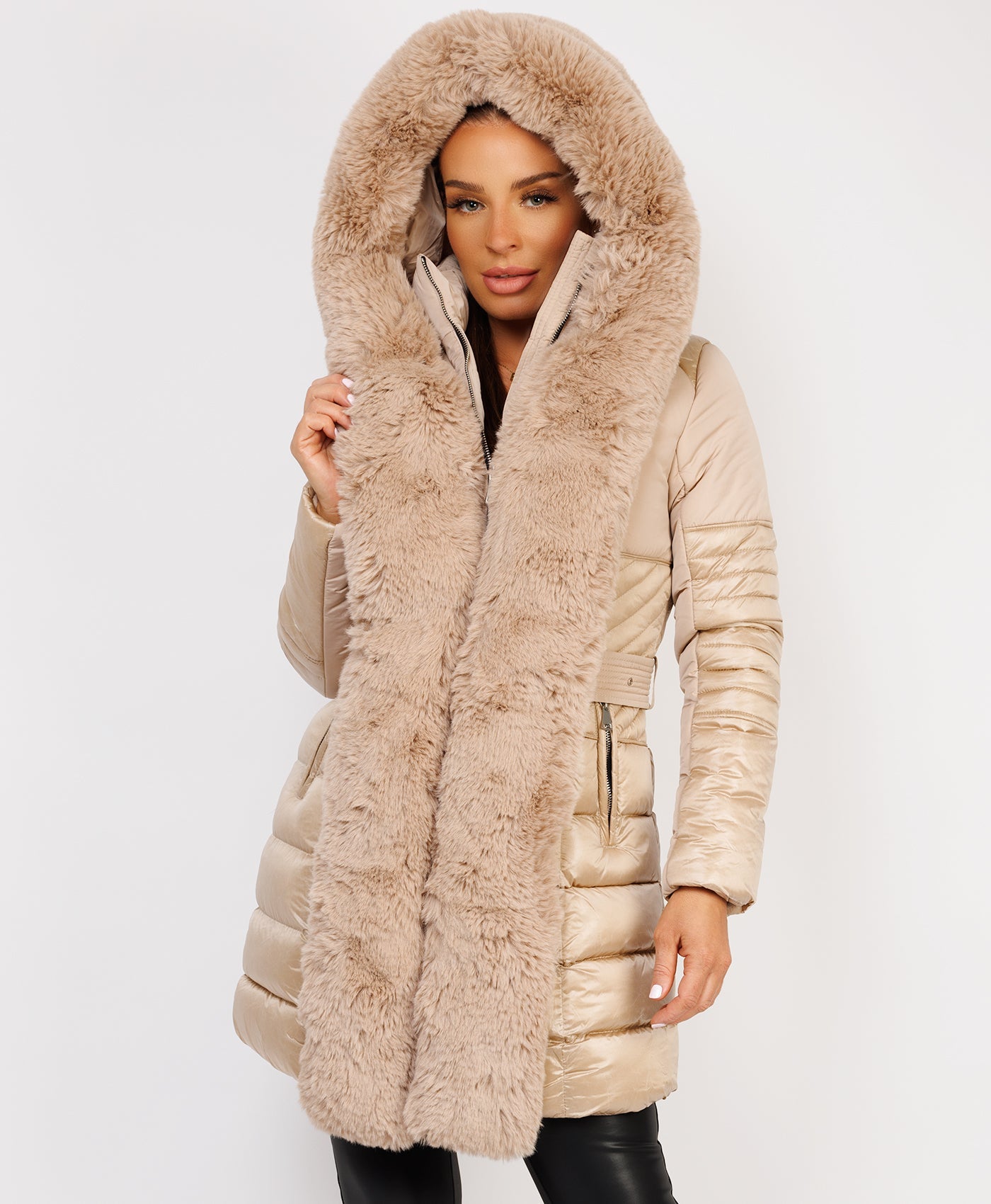Beige Luxe Faux Fur Trim Collar Hooded Parka Coat – www