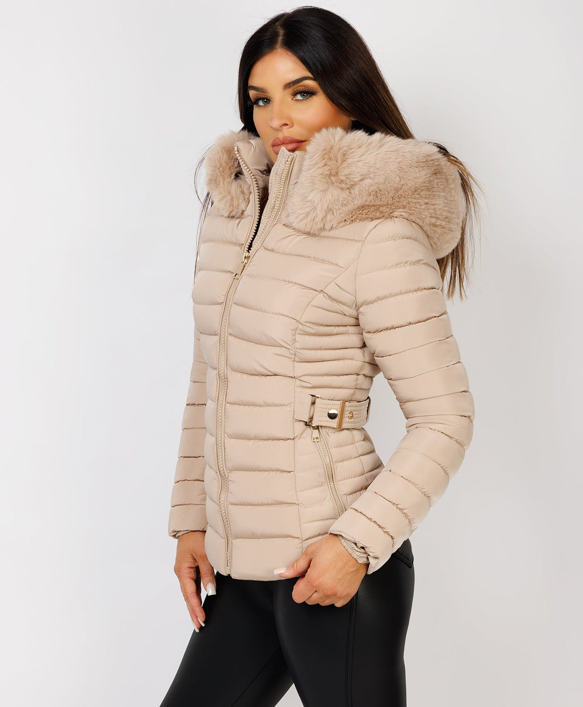 Faux fur hooded belted puffer coat hotsell