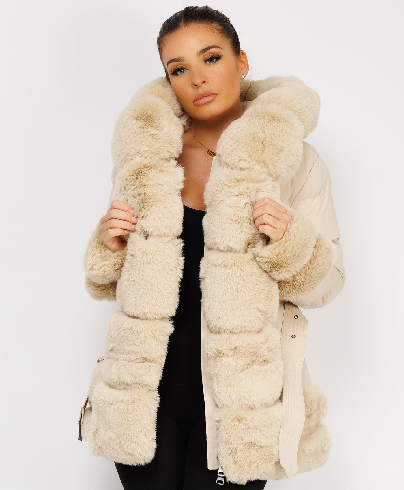 Beige Puffer Padded Jacket With Faux Fur Hood Cuff And Trim – www