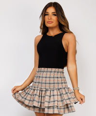 Beige High Waisted Tartan Rara Mini Skirt