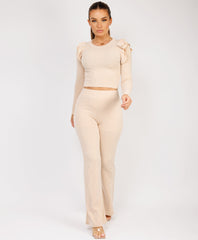 Ribbed-Frilled-Long-Sleeve-Skinny-Flare-Set-Beige