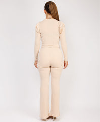 Ribbed-Frilled-Long-Sleeve-Skinny-Flare-Set-Beige