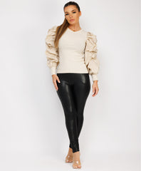 Beige Ribbed Ruched Puff Sleeve Top