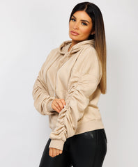 Ruched-Sleeve-Oversized-Fit-Hoodie-Beige-1