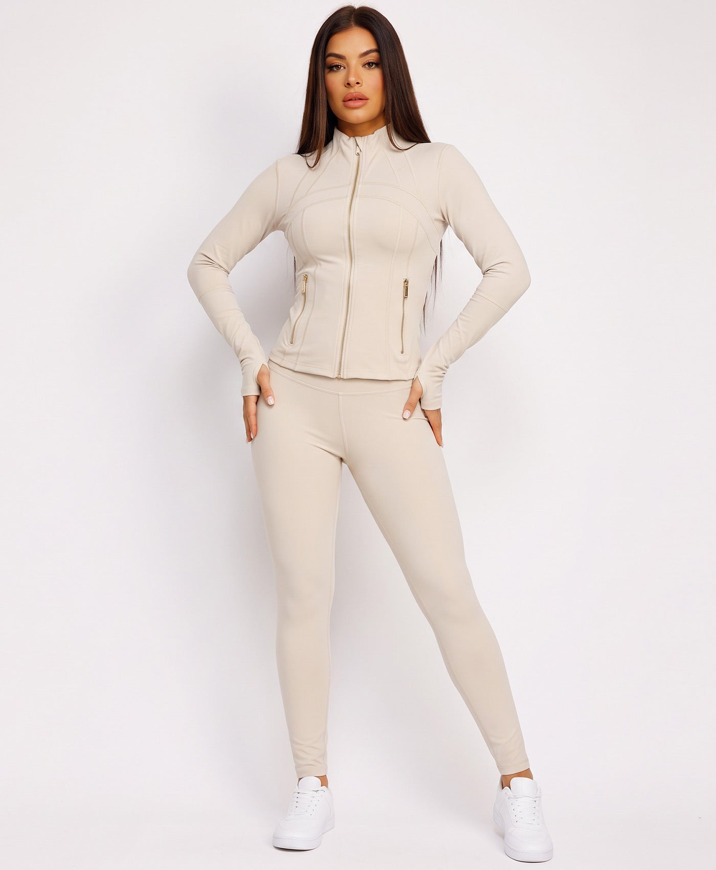 Beige Sport Gold Zipped Gym Jacket Leggings Co-Ord Set